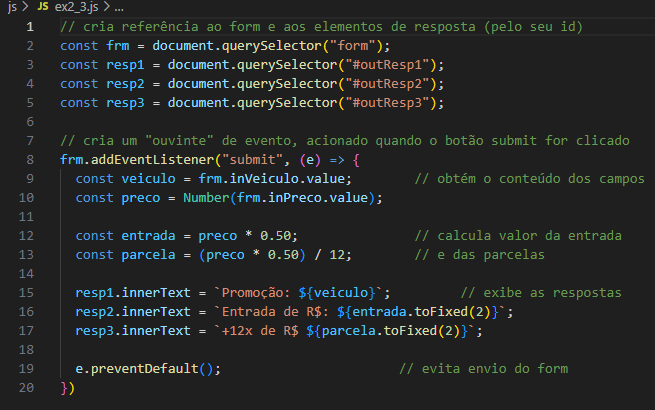 imagem do código da página em JavaScript