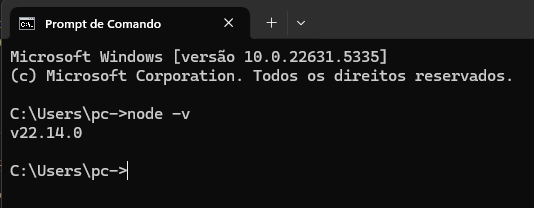 imagem do comando node -v no prompt de comando do Windows, exibindo a versão do node em seguida.