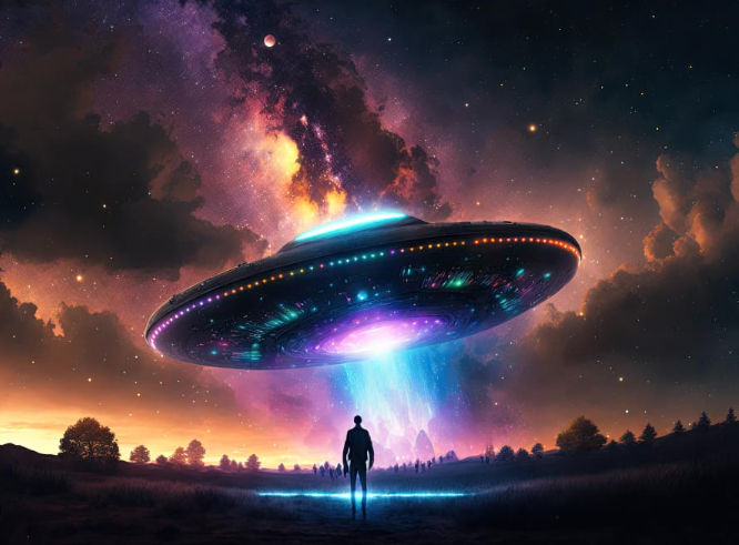 Homem olhando para um disco voador gigante no céu estrelado.