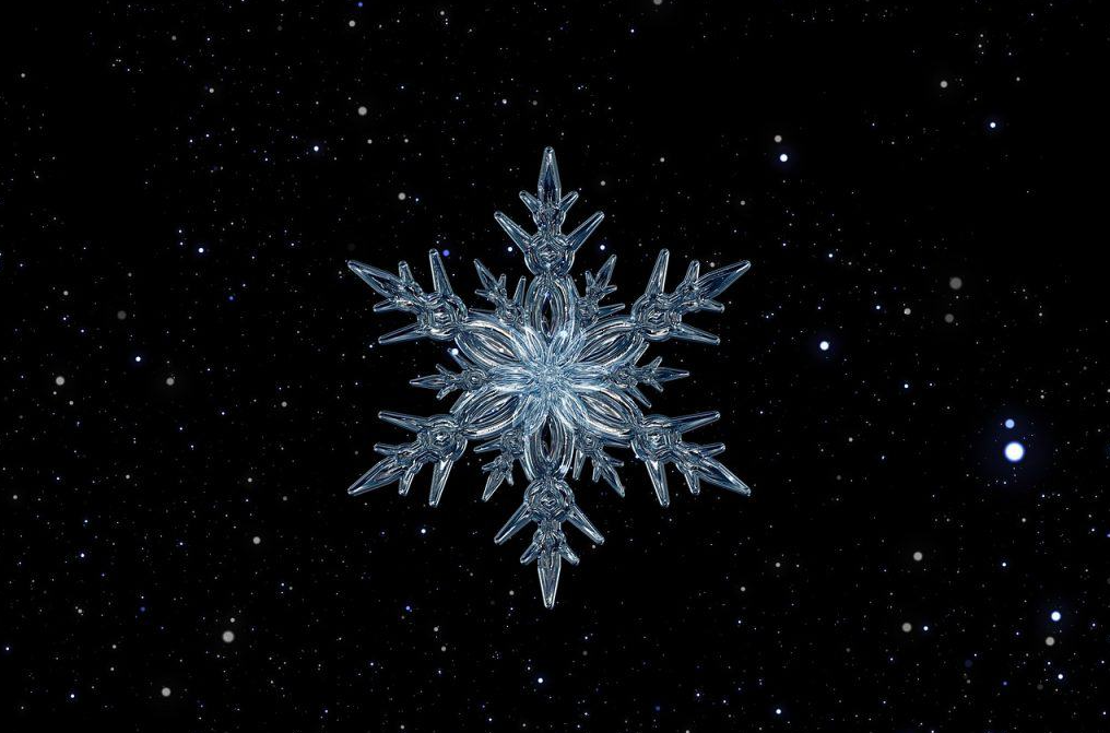 imagem de um floco de neve e no fundo a imagem de estrelas do universo