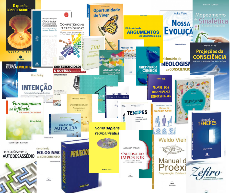 Imagem de vários livros da ciência conscienciologia juntos.