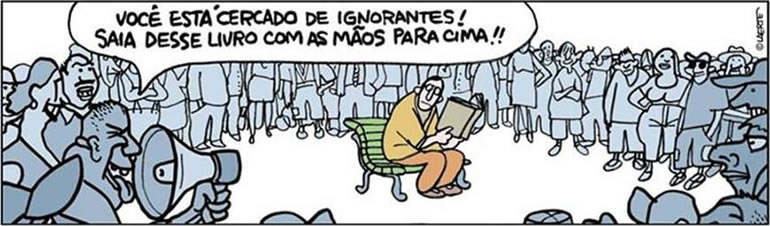 desenho de pessoas ignorantes mandando um cidadão largar o livro.