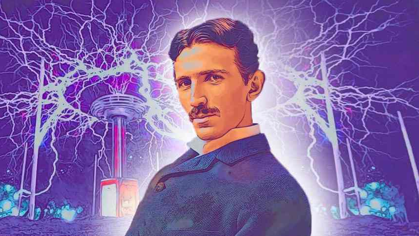 Desenho de Tesla com seu laboratório cheio de raios elétricos ao fundo.